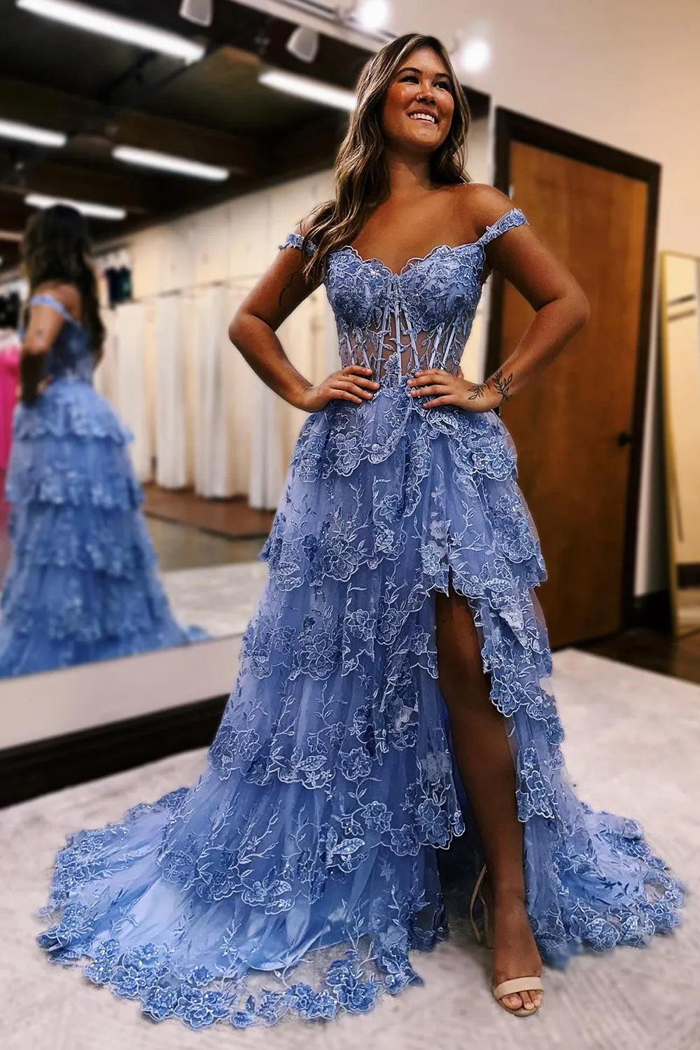 Wholesale Goegeous Grey Blue Off The Shoulder Long Tiered Prom Dress With Appliques prom dresses with long sleeves