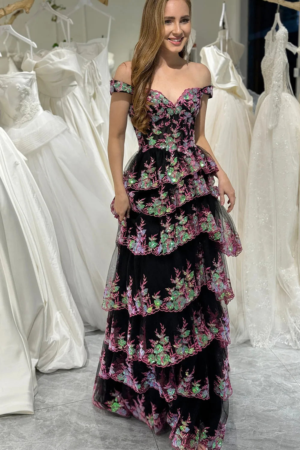 Wholesale Gorgeous Shiny A-Line Long Tiered Corset Prom Dress With Sequined Appliques prom dresses shops