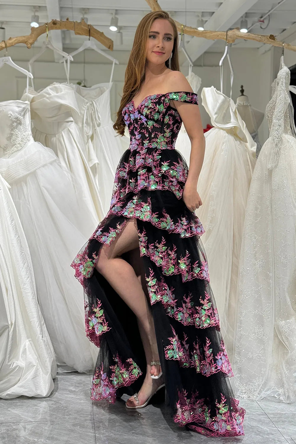 Wholesale Gorgeous Shiny A-Line Long Tiered Corset Prom Dress With Sequined Appliques prom dresses shops