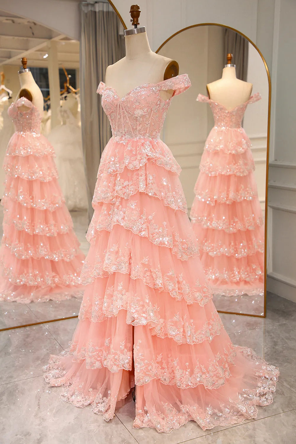 Wholesale Glitter Pink A-Line Long Tiered Corset Prom Dress With Sequined Appliques prom dresses with long sleeves