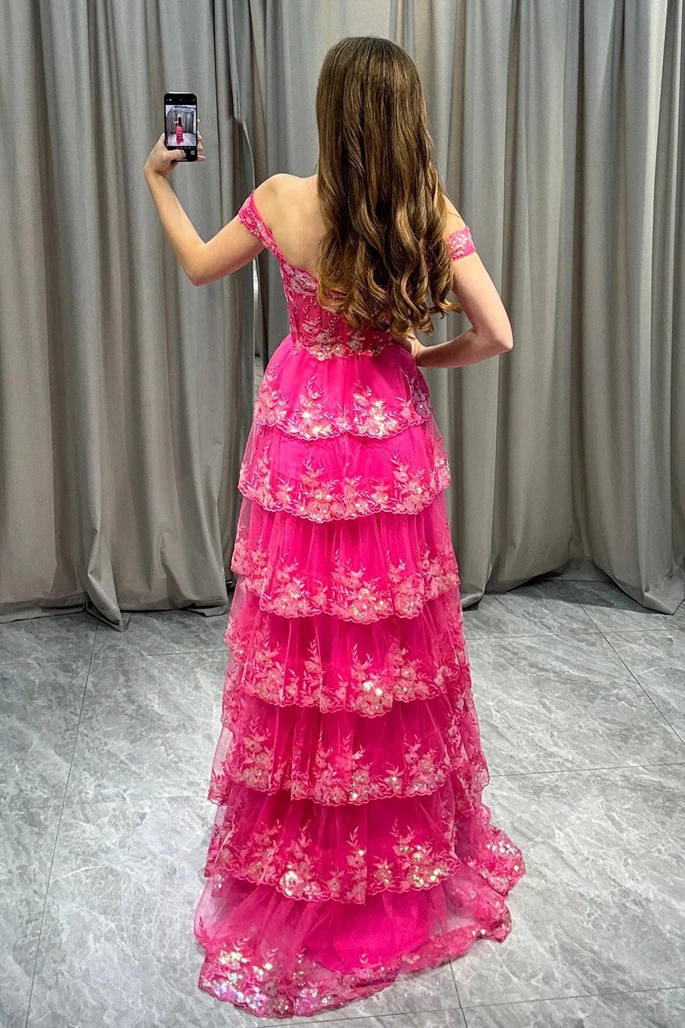 Wholesale Glitter Fuchsia A-Line Long Tiered Corset Prom Dress With Sequined Appliques prom dresses with long sleeves