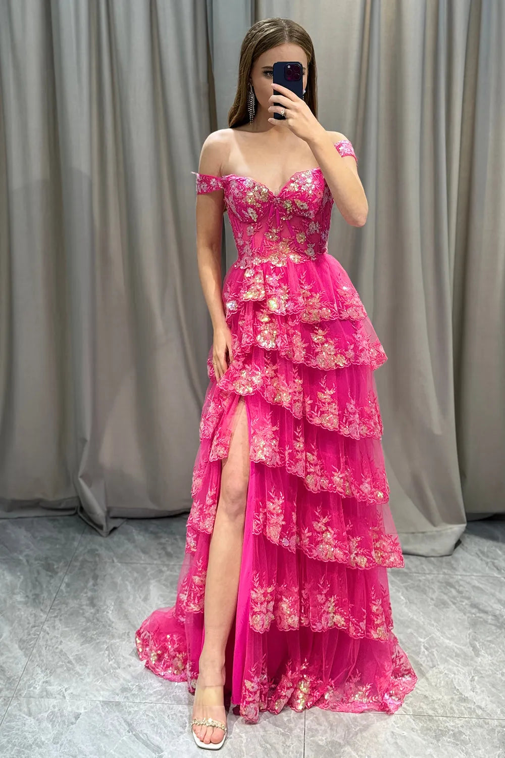 Wholesale Glitter Fuchsia A-Line Long Tiered Corset Prom Dress With Sequined Appliques prom dresses with long sleeves