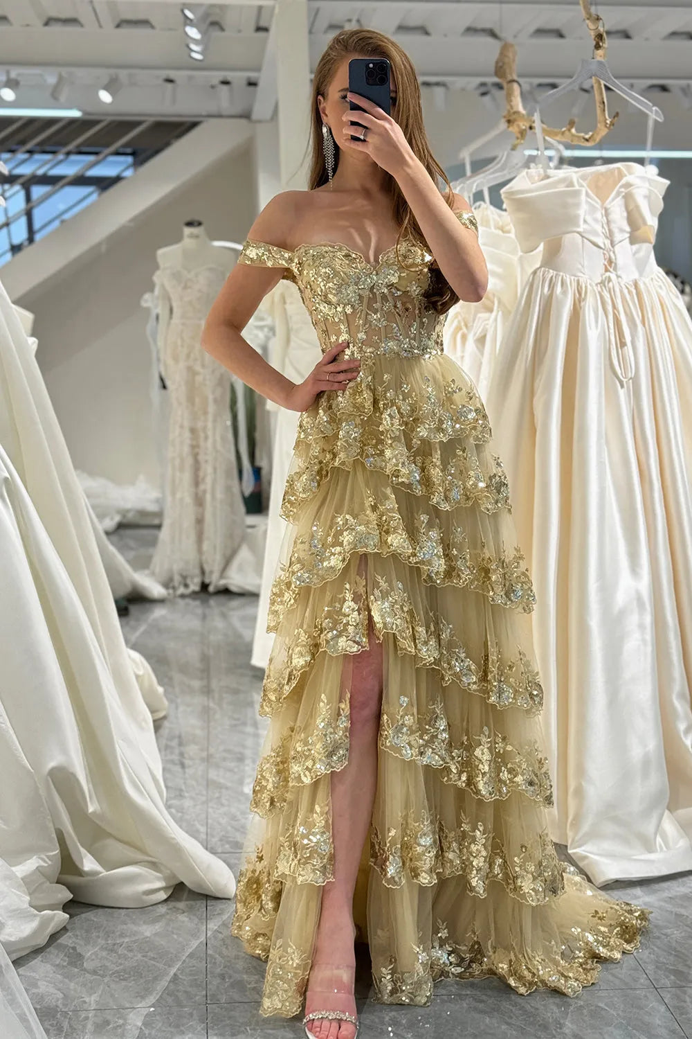 Wholesale Glitter Gold A-Line Long Tiered Corset Prom Dress With Sequined Appliques prom dresses with long sleeves