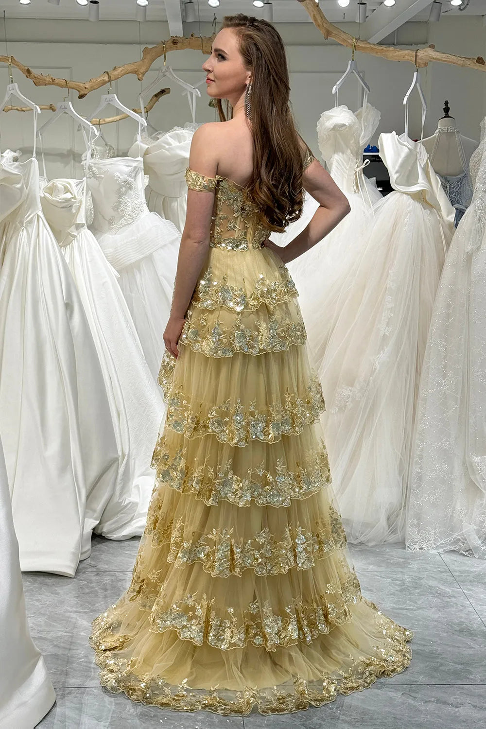 Wholesale Glitter Gold A-Line Long Tiered Corset Prom Dress With Sequined Appliques prom dresses with long sleeves