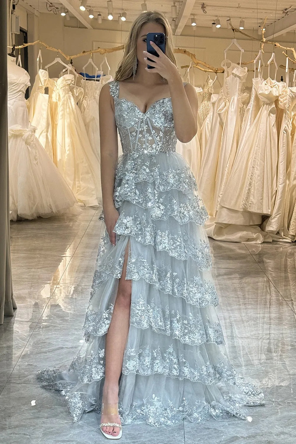 Wholesale Gorgeous Shiny A-Line Long Tiered Corset Prom Dress With Sequined Appliques prom dresses shops