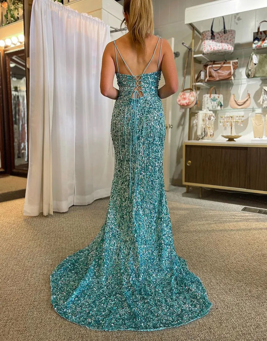 Wholesale Blue Green Sequin Spaghetti Straps Lace Up Long Prom Dress with Fringe And Split prom clothing