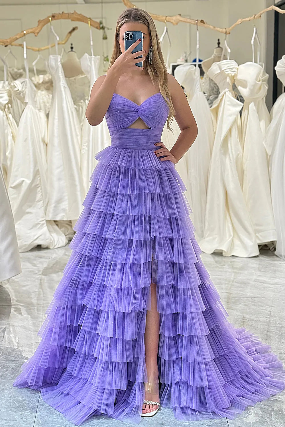 Wholesale Purple Tulle A-Line Spaghetti Straps Long Tiered Prom Dress With Slit prom dresses with long sleeves