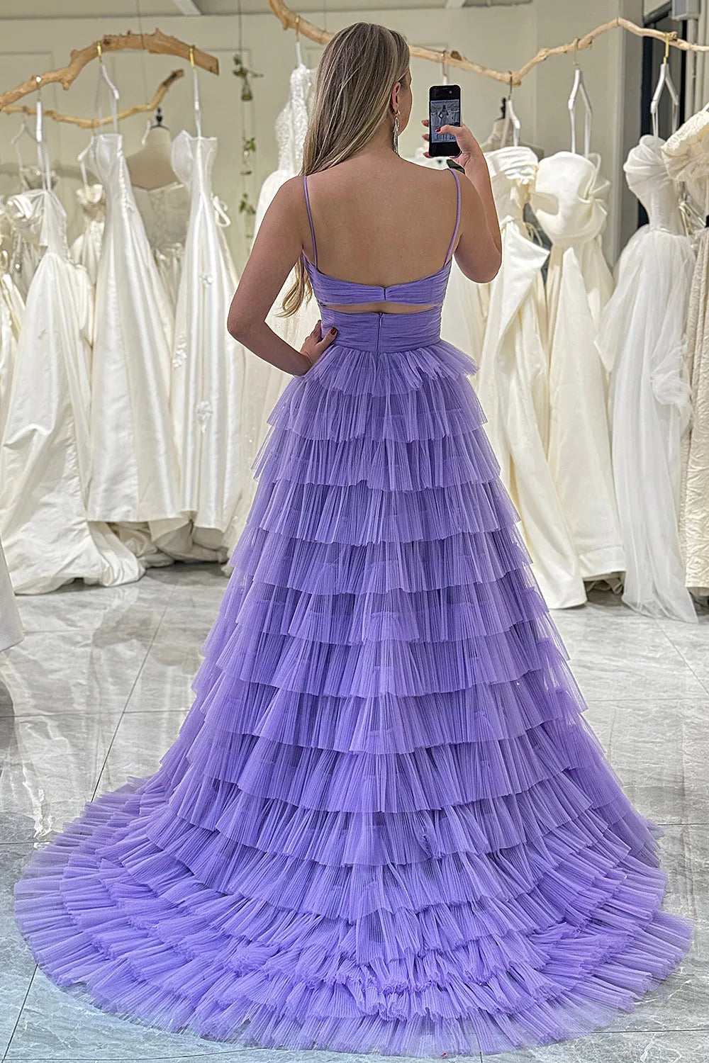 Wholesale Purple Tulle A-Line Spaghetti Straps Long Tiered Prom Dress With Slit prom dresses with long sleeves