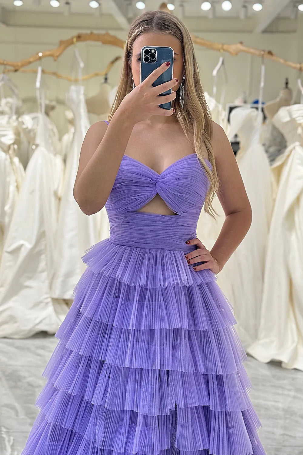 Wholesale Purple Tulle A-Line Spaghetti Straps Long Tiered Prom Dress With Slit prom dresses with long sleeves