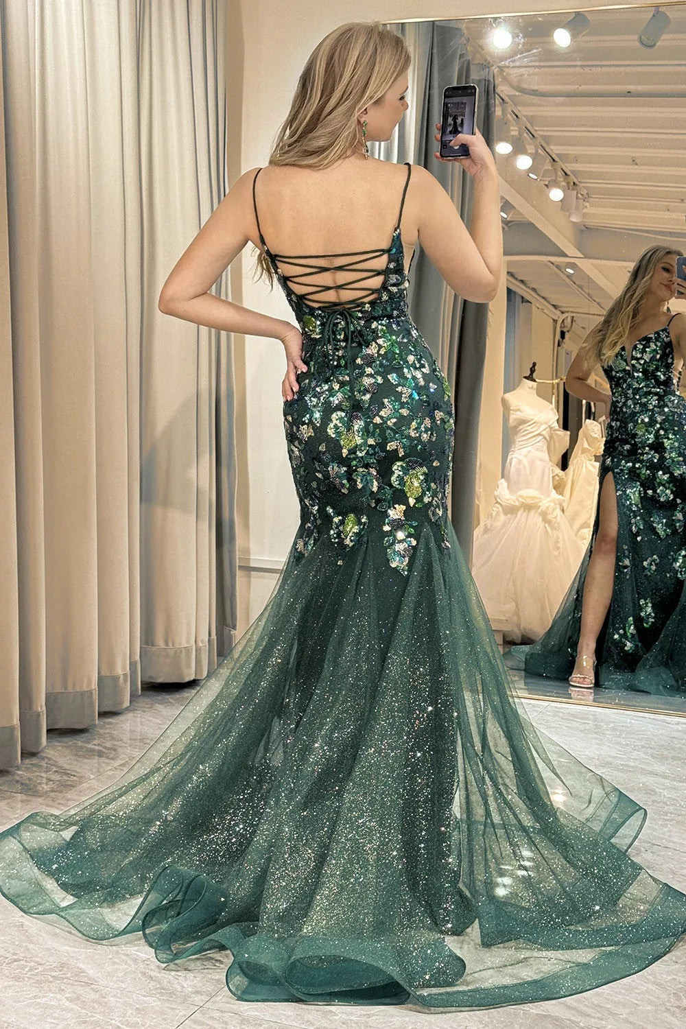 Wholesale Sparkly Dark Green Mermaid Long Prom Dress With Slit And Beading prom dresses with long sleeves