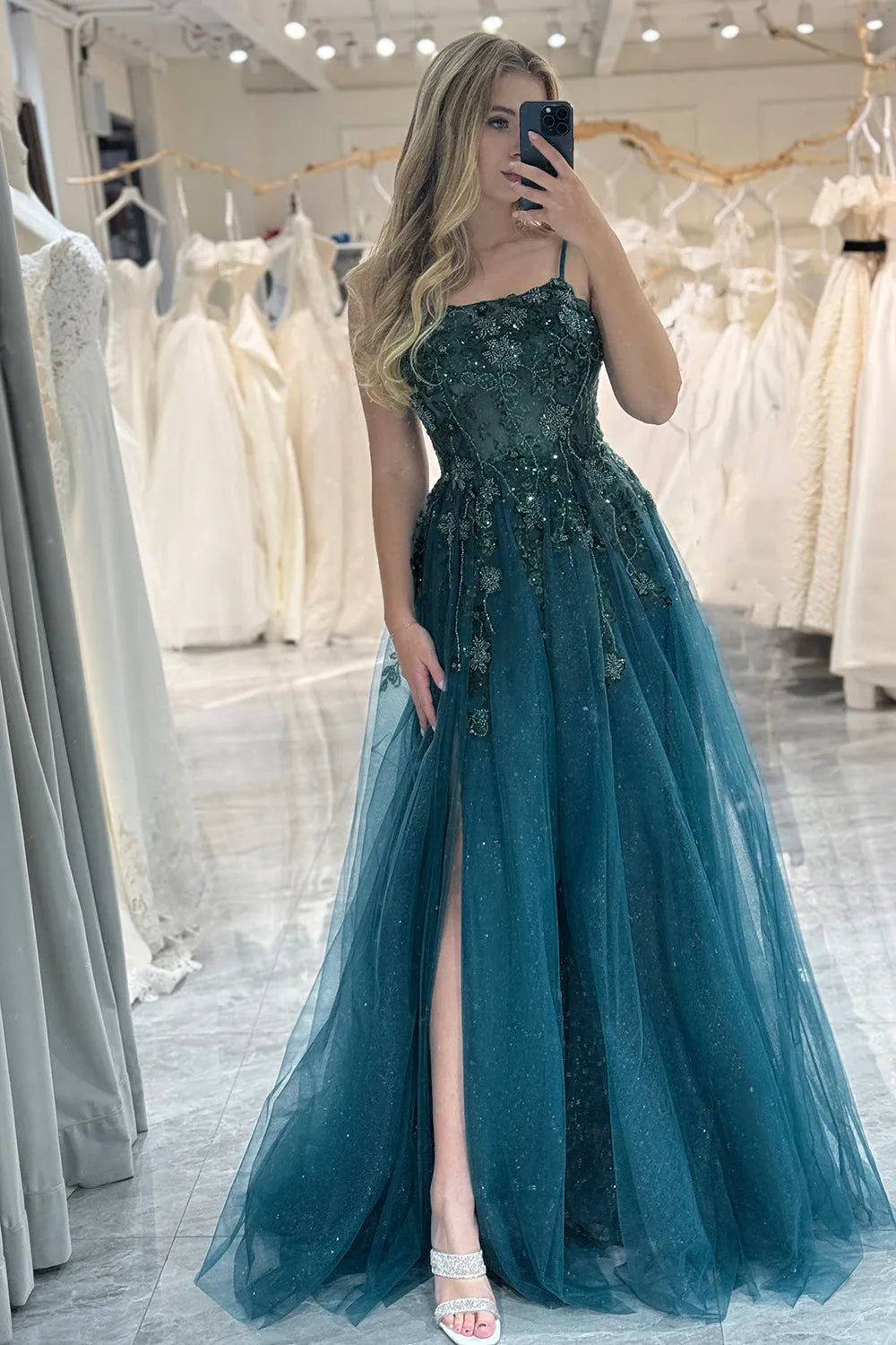 Wholesale Dark Green A-Line Spaghetti Straps Long Prom Dress With Slit And Beading prom dresses with long sleeves