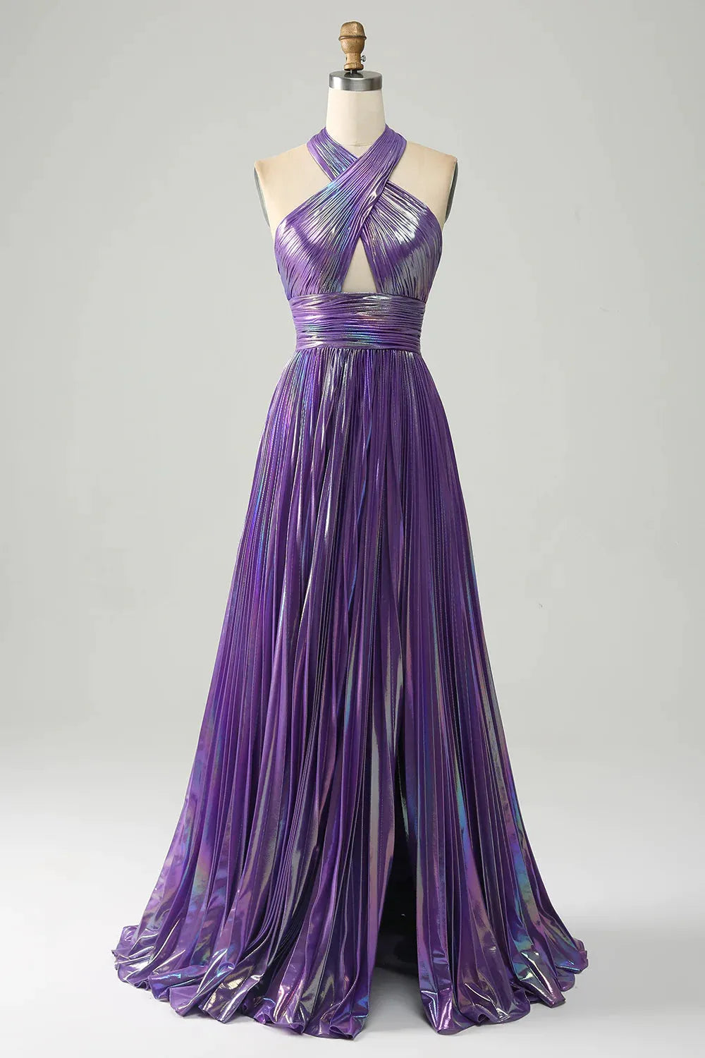 Wholesale Dark Purple Halter Neck A-Line Long Bright Prom Dress With Split long prom dresses with sleeves