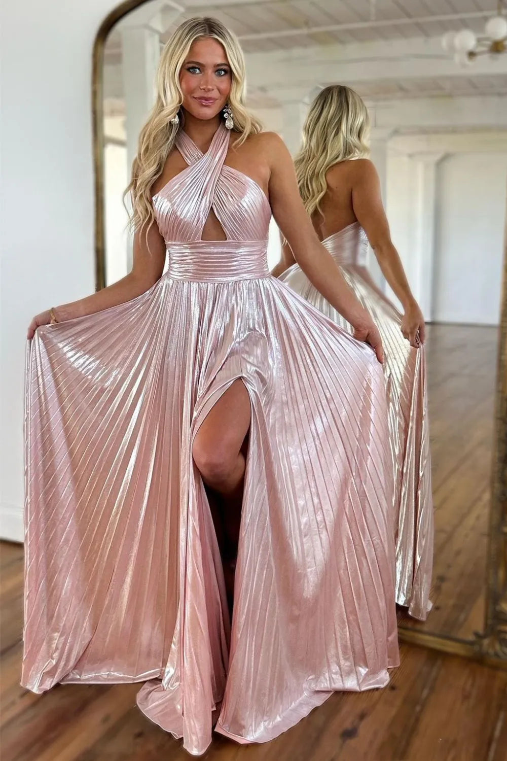 Wholesale Pink Halter Neck A-Line Long Bright Prom Dress With Split long prom dresses with sleeves