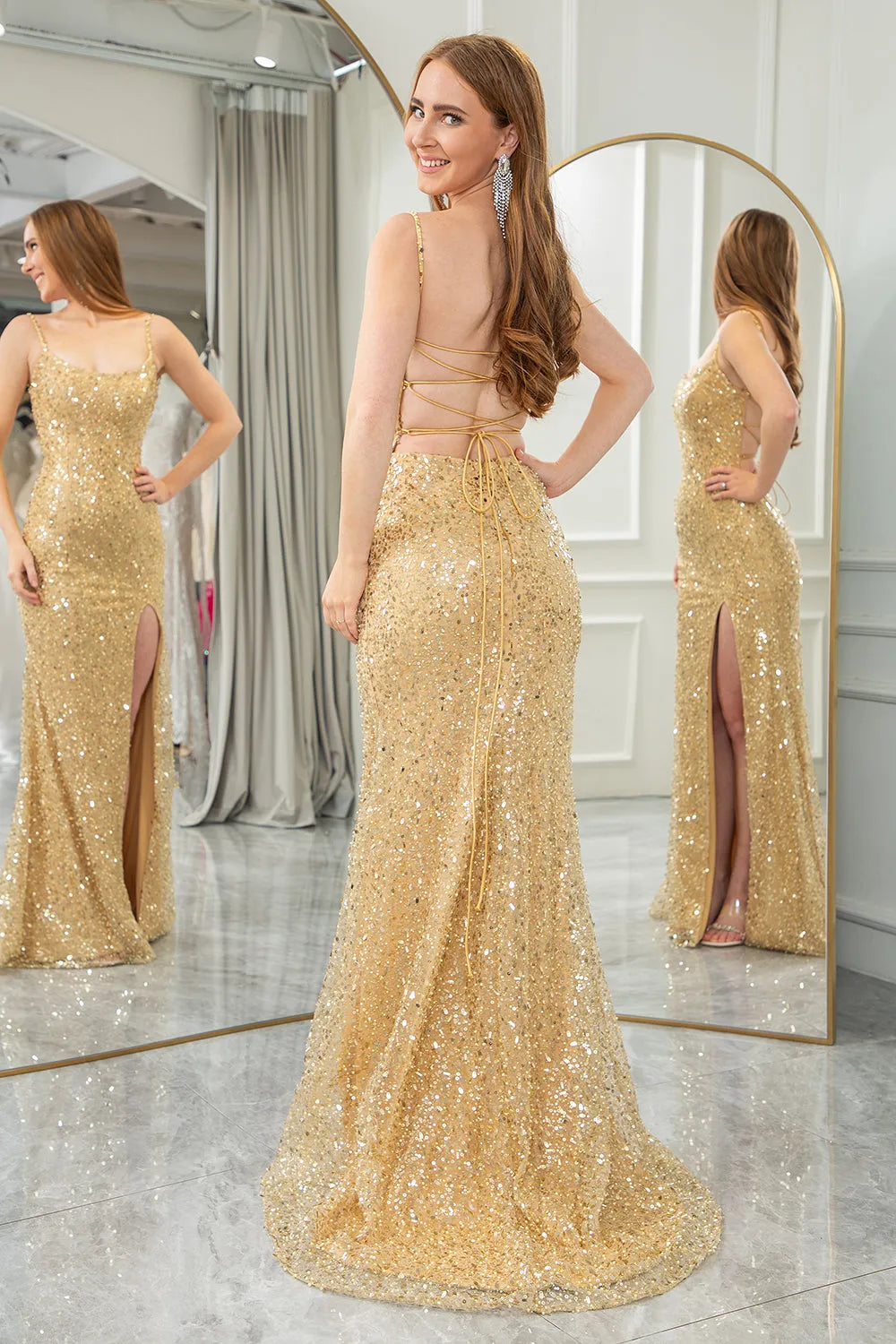 Wholesale Glitter Golden Mermaid Lace Up Long Sequin Prom Dress With Slit prom dresses shops