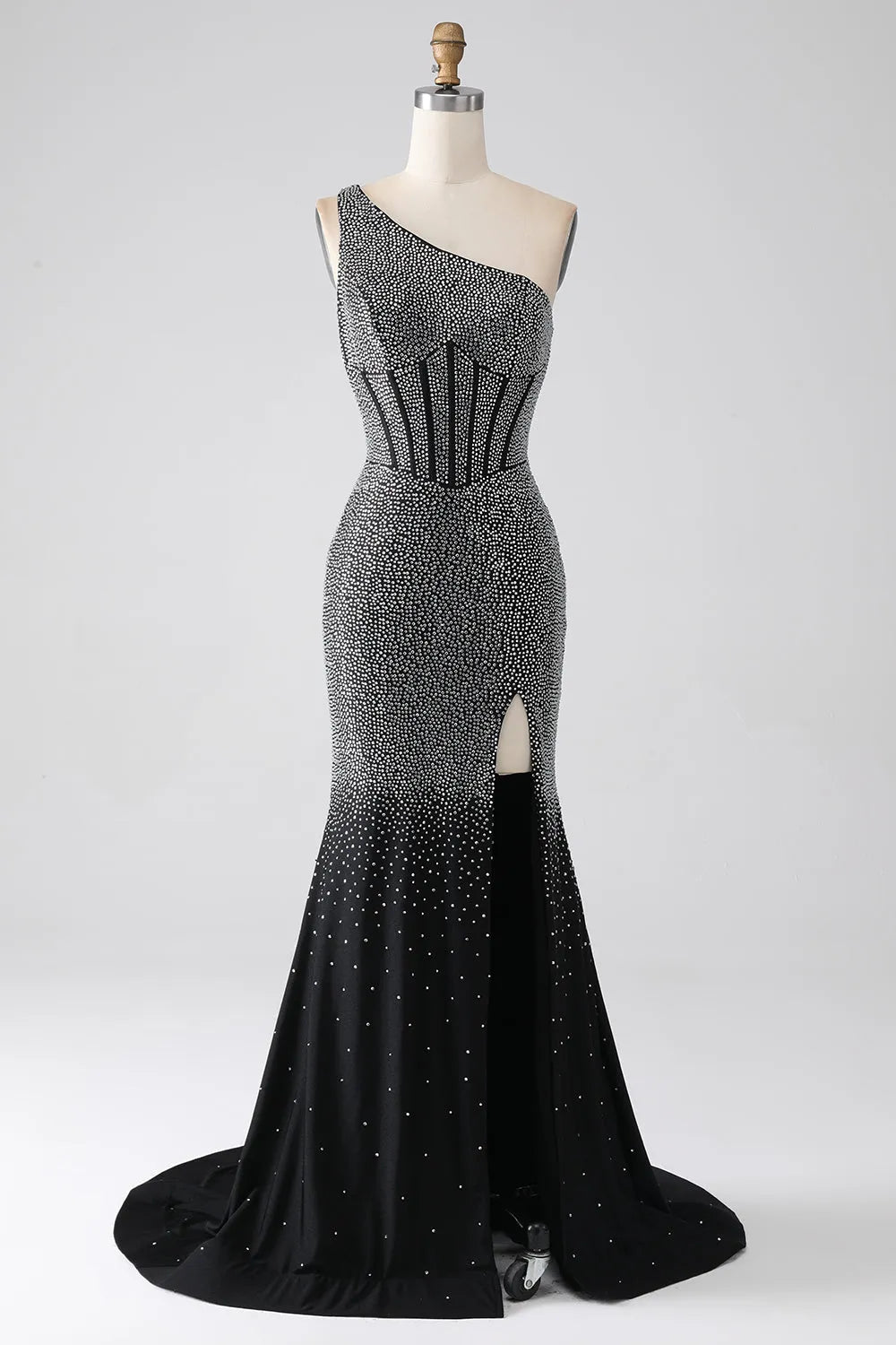 Wholesale Black Sparkly Mermaid One Shoulder Keyhole Back Long Beaded Prom Dress prom dresses shops