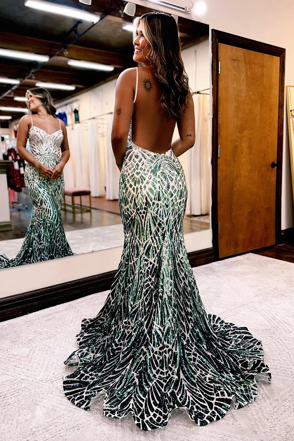 Wholesale Dark Green Sparkly Stylish Mermaid Backless Long Corset Prom Dress prom dresses with long sleeves