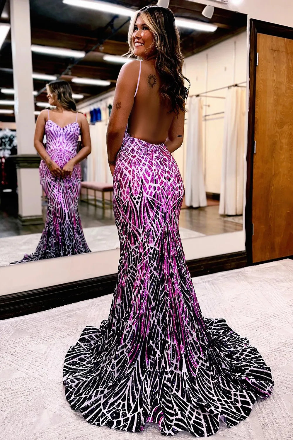 Wholesale Purple Sparkly Stylish Mermaid Backless Long Corset Prom Dress prom dresses with long sleeves