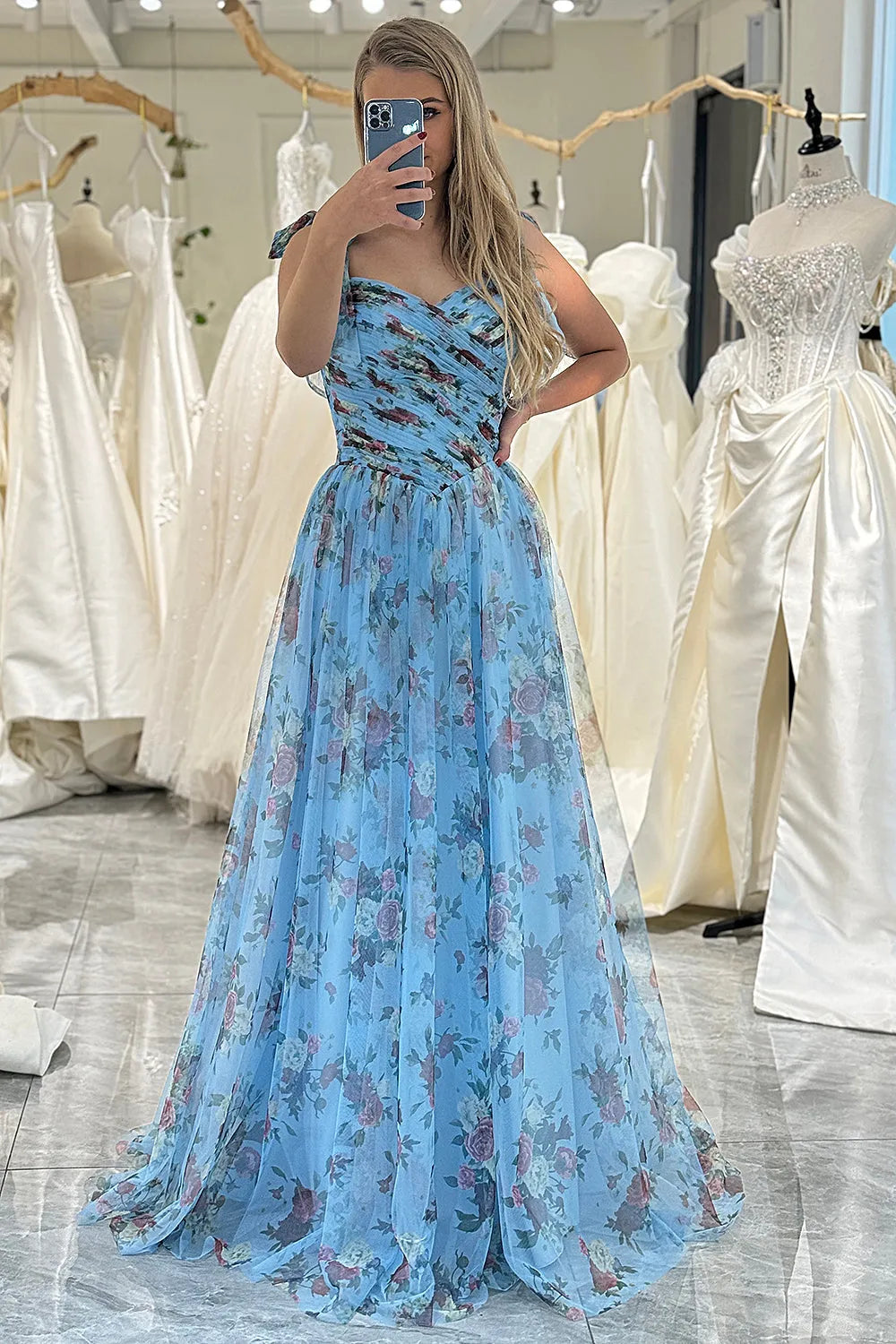 Wholesale Blue A-Line Tie Straps Zipper Back Tulle Long Prom Dress