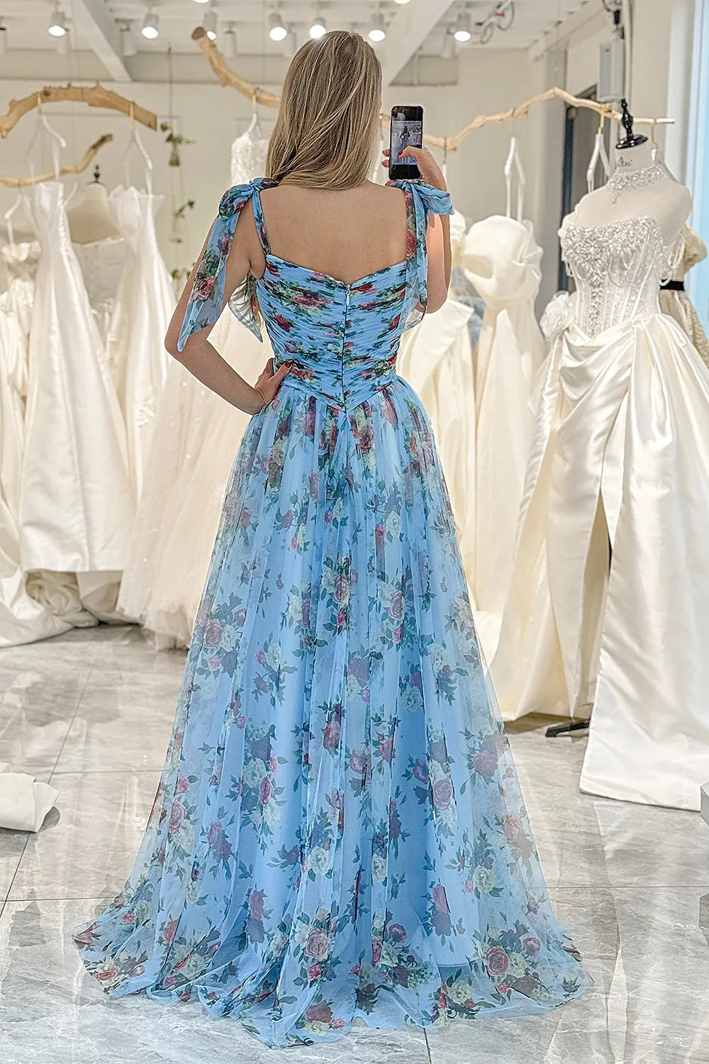 Wholesale Blue A-Line Tie Straps Zipper Back Tulle Long Prom Dress