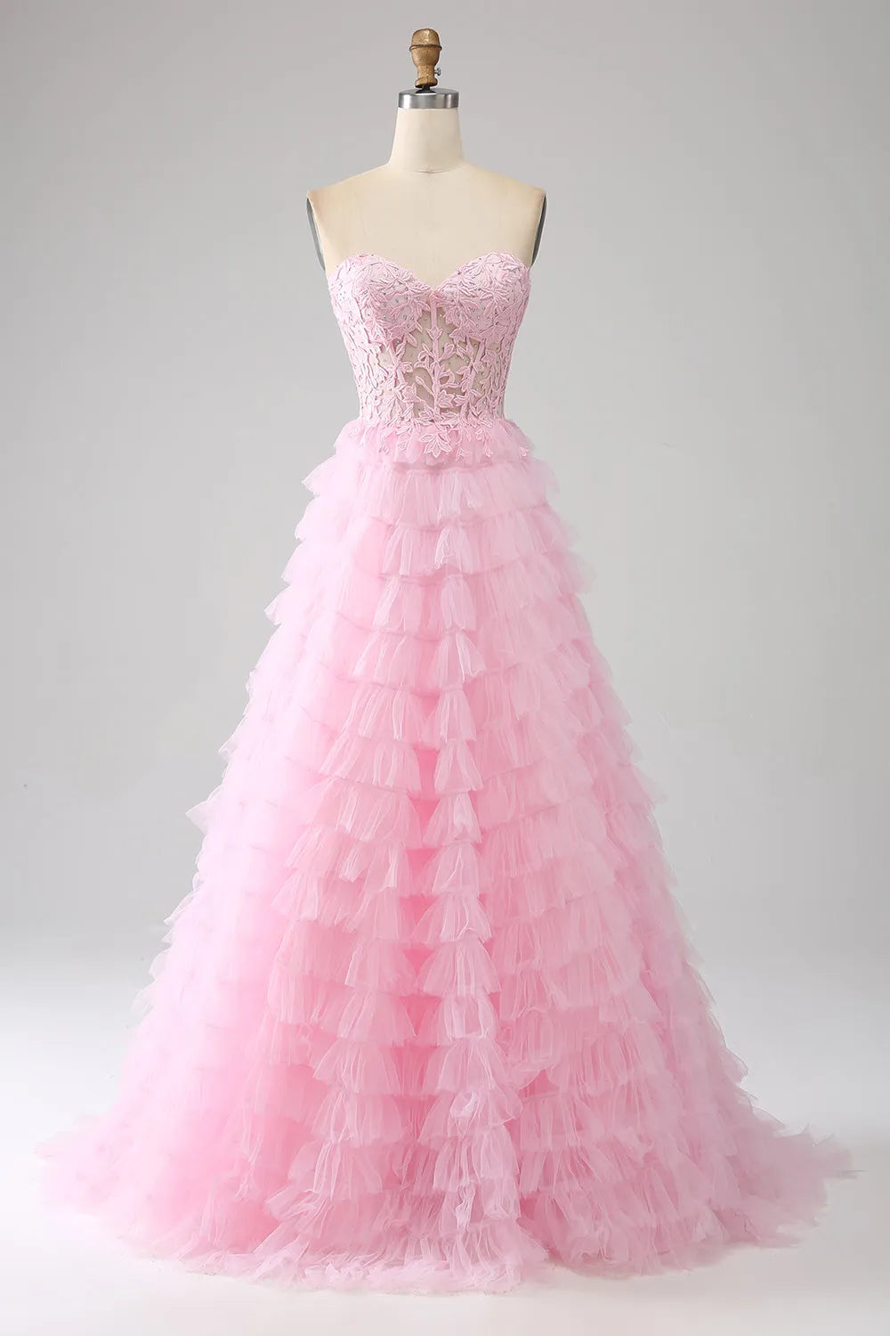 Wholesale Cute Pink A-Line Sweetheart Lace Up Long Ruffle Tulle Prom Dress
