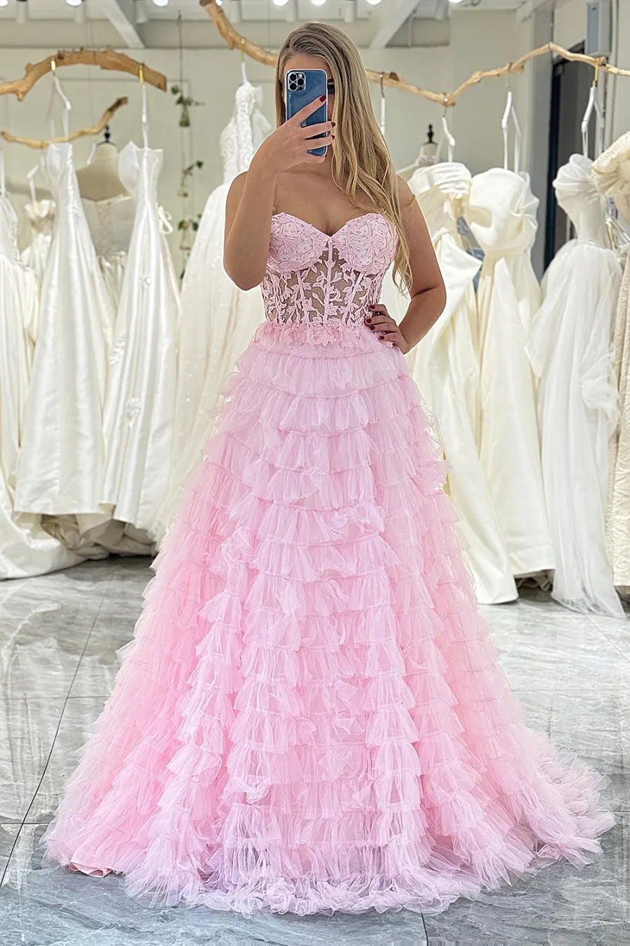 Wholesale Cute Pink A-Line Sweetheart Lace Up Long Ruffle Tulle Prom Dress
