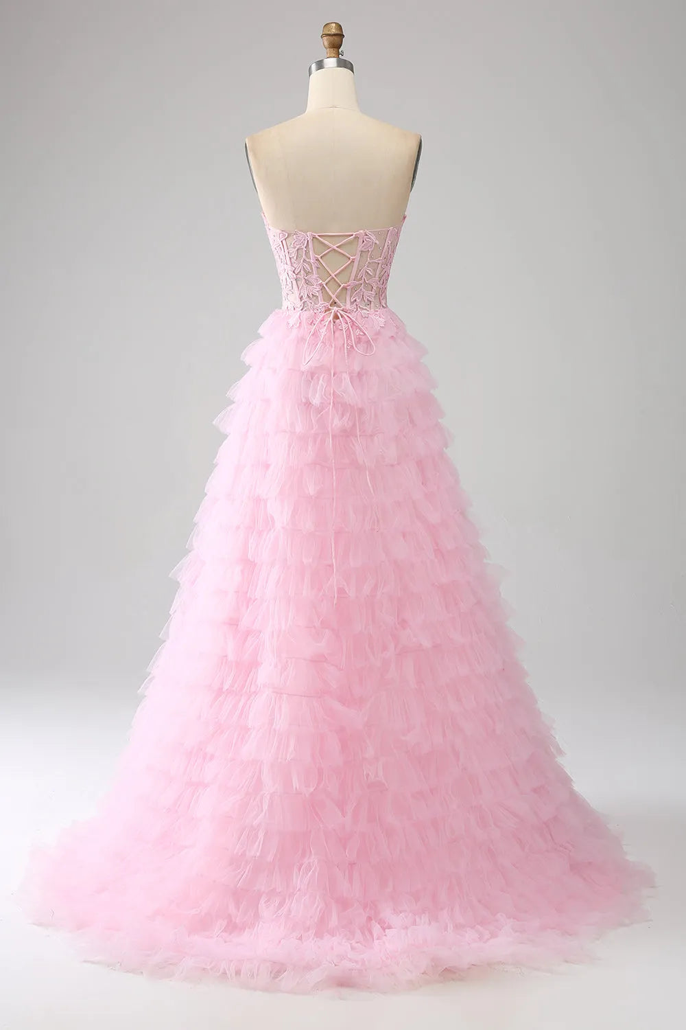 Wholesale Cute Pink A-Line Sweetheart Lace Up Long Ruffle Tulle Prom Dress