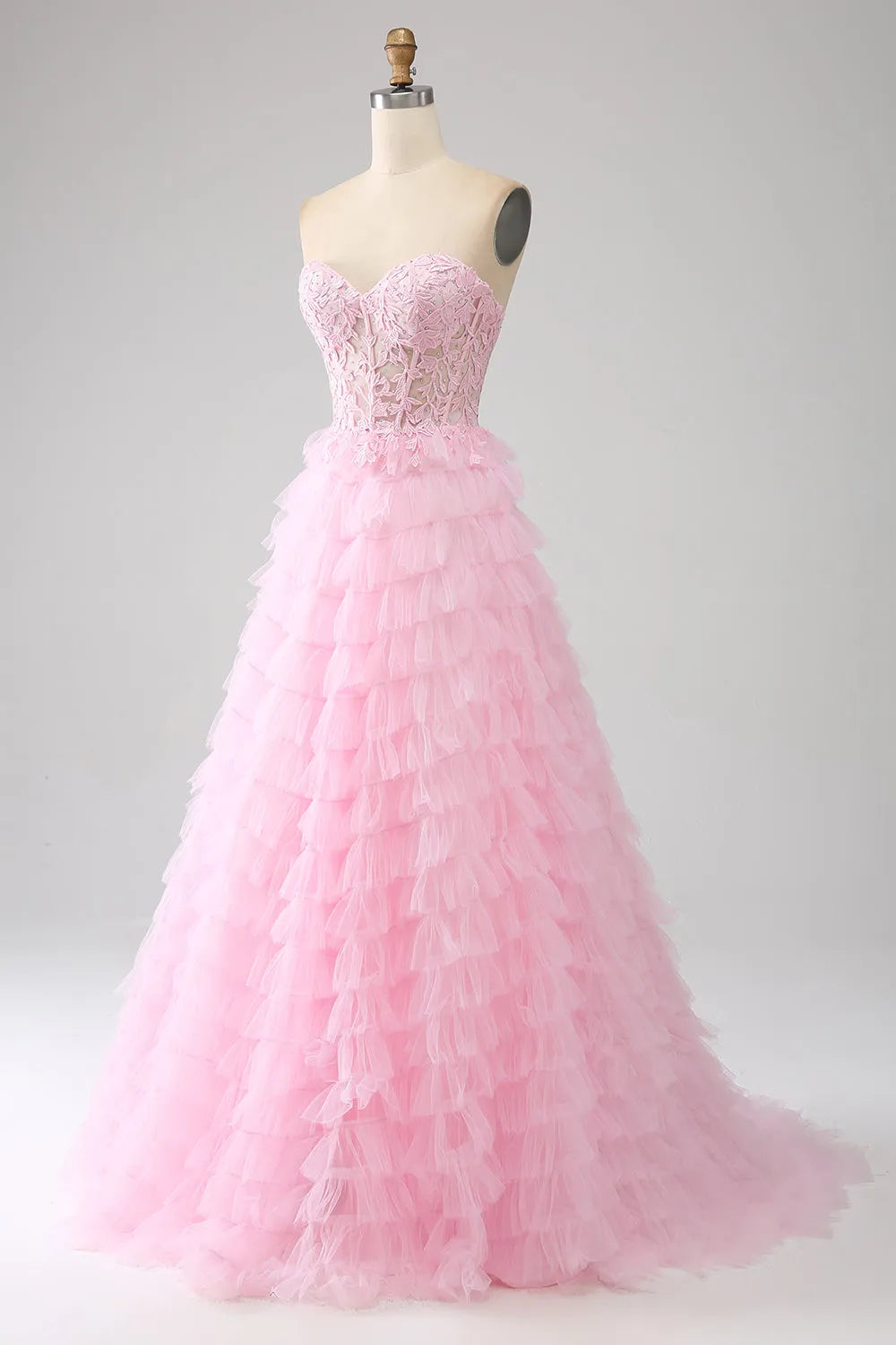 Wholesale Cute Pink A-Line Sweetheart Lace Up Long Ruffle Tulle Prom Dress
