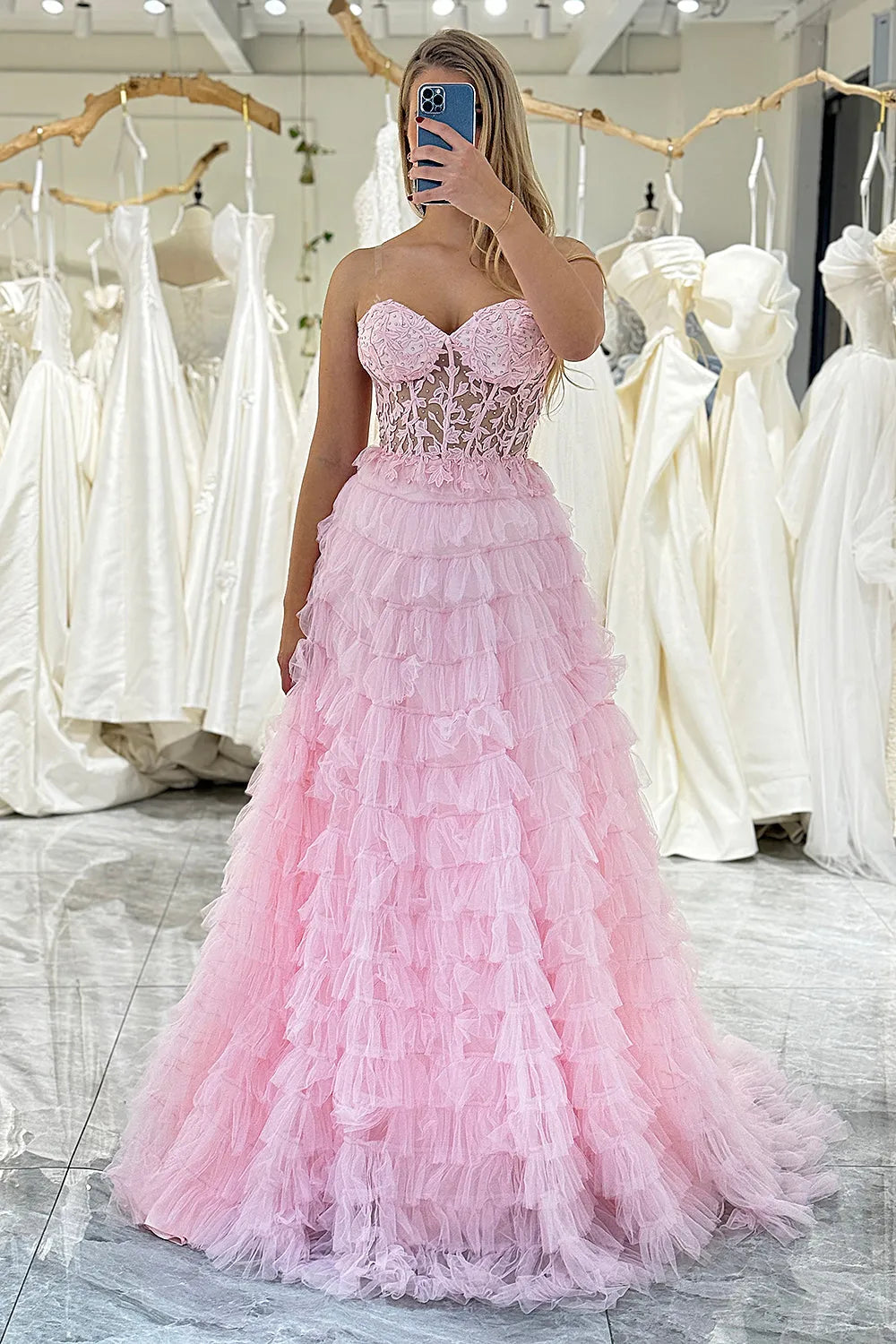 Wholesale Cute Pink A-Line Sweetheart Lace Up Long Ruffle Tulle Prom Dress