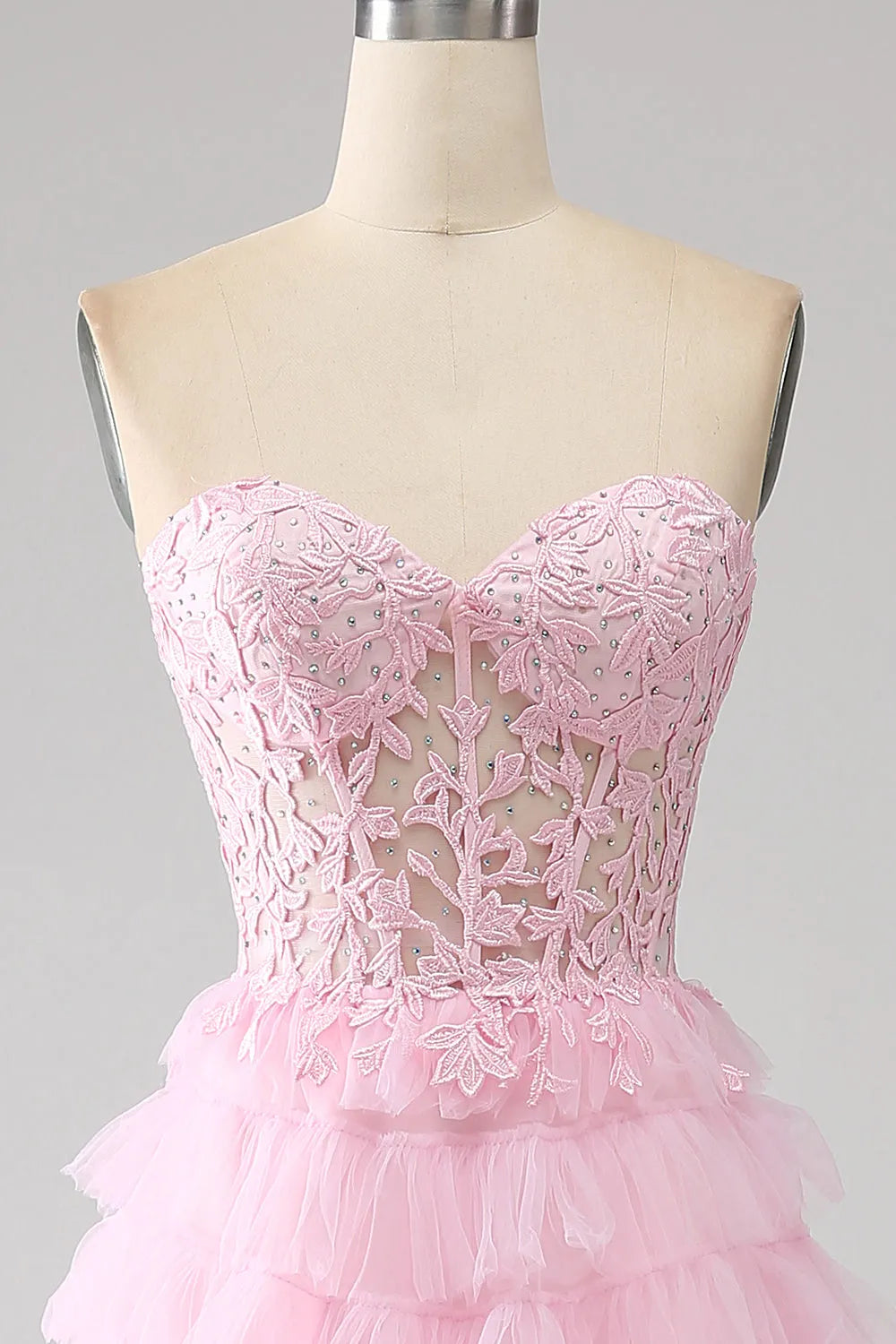 Wholesale Cute Pink A-Line Sweetheart Lace Up Long Ruffle Tulle Prom Dress