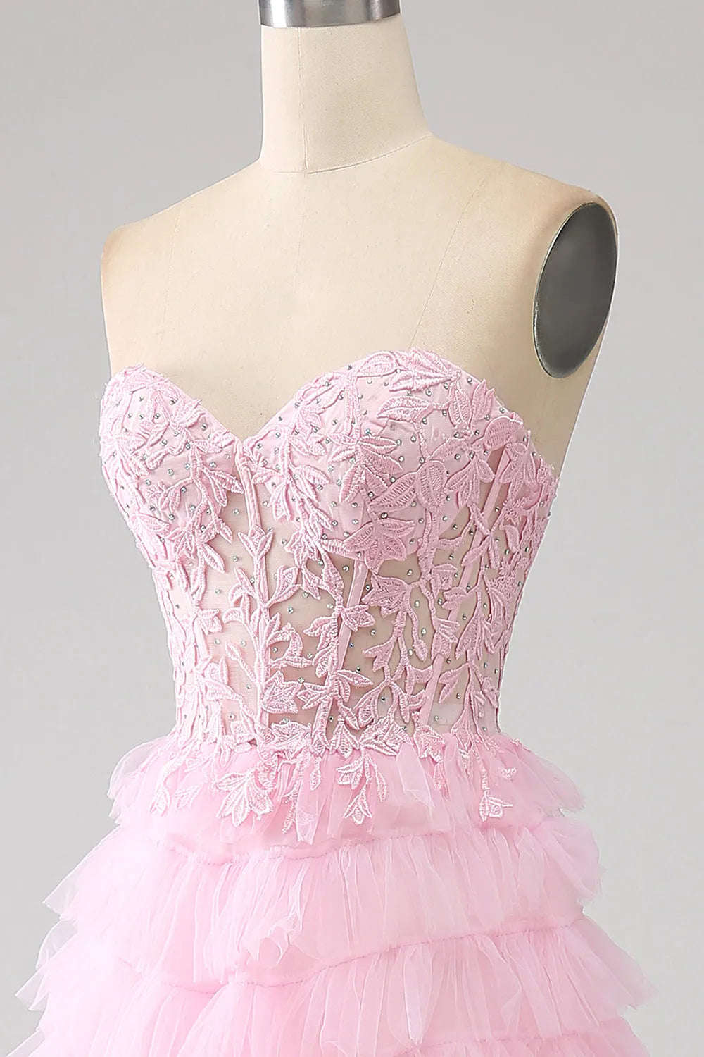 Wholesale Cute Pink A-Line Sweetheart Lace Up Long Ruffle Tulle Prom Dress