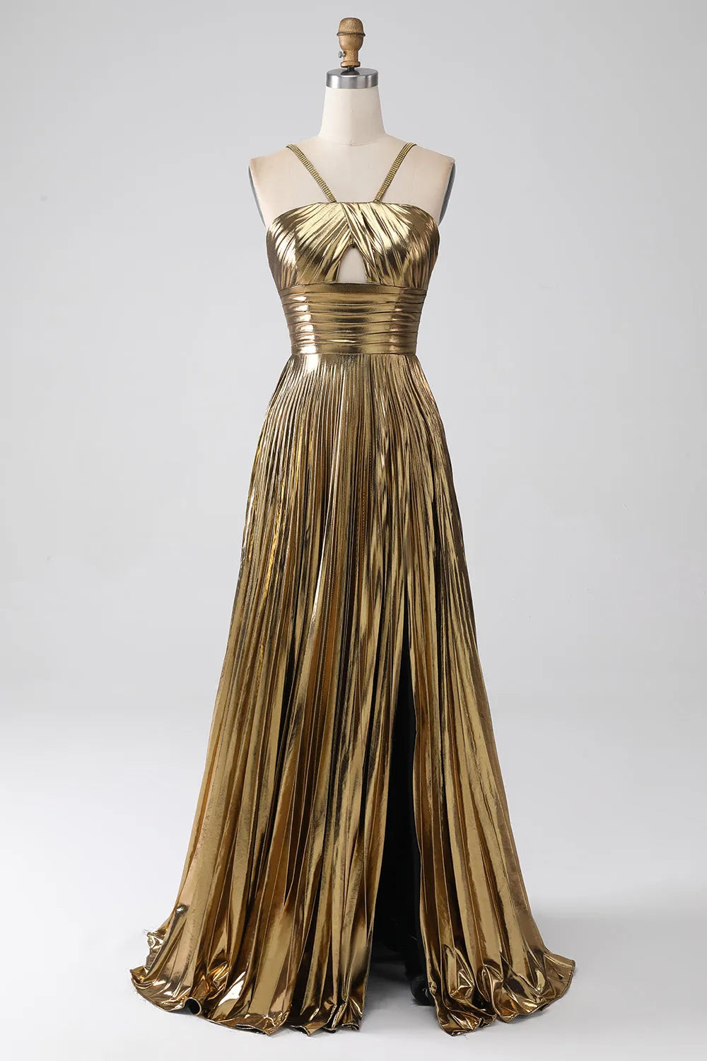 Wholesale Stylish Gold A-Line Halter Neck Long Prom Dress With Split