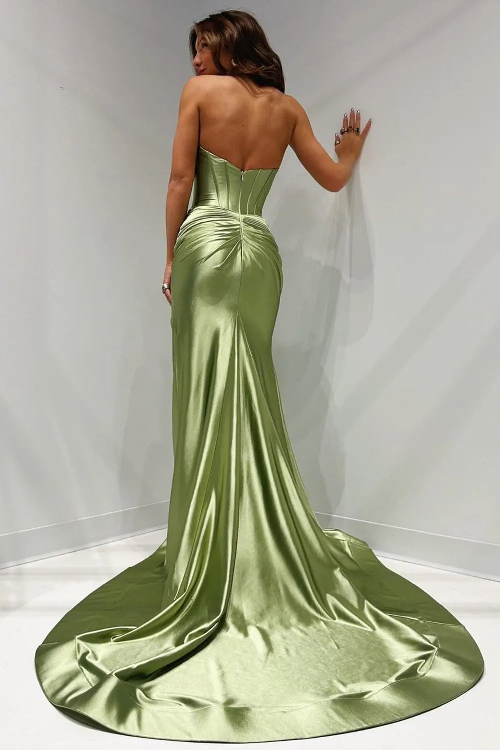 Wholesale Newly Mermaid Sweetheart Long Corset Satin Prom Dress With Split prom dresses with long sleeves