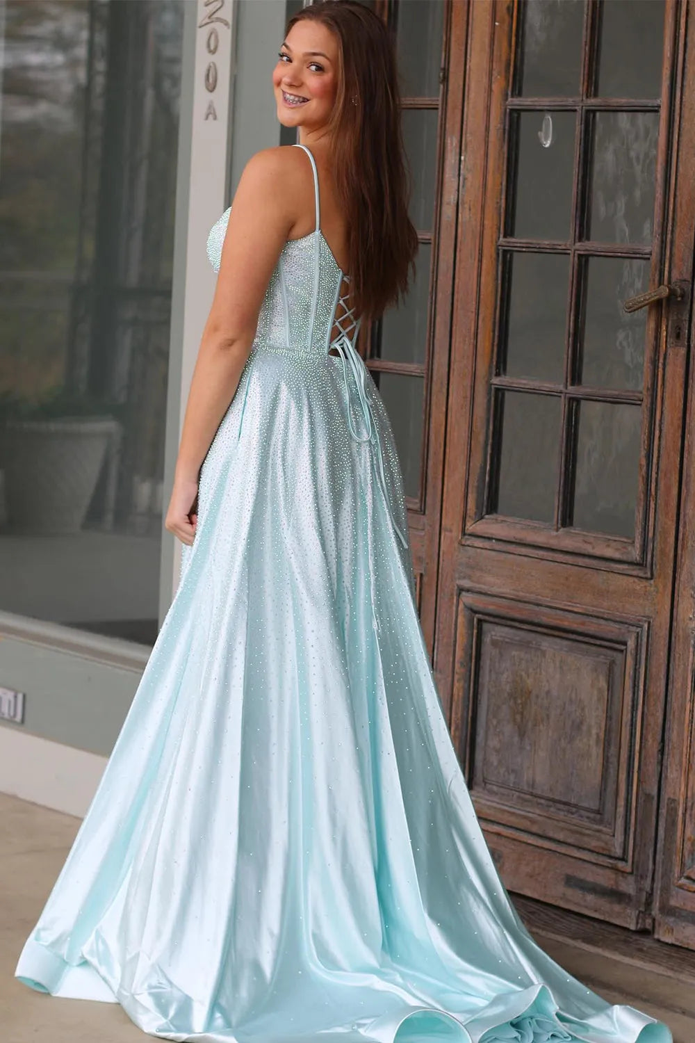Wholesale Light Green Glitter A-Line Spaghetti Straps Long Beaded Prom Dress with Slit prom dresses shops
