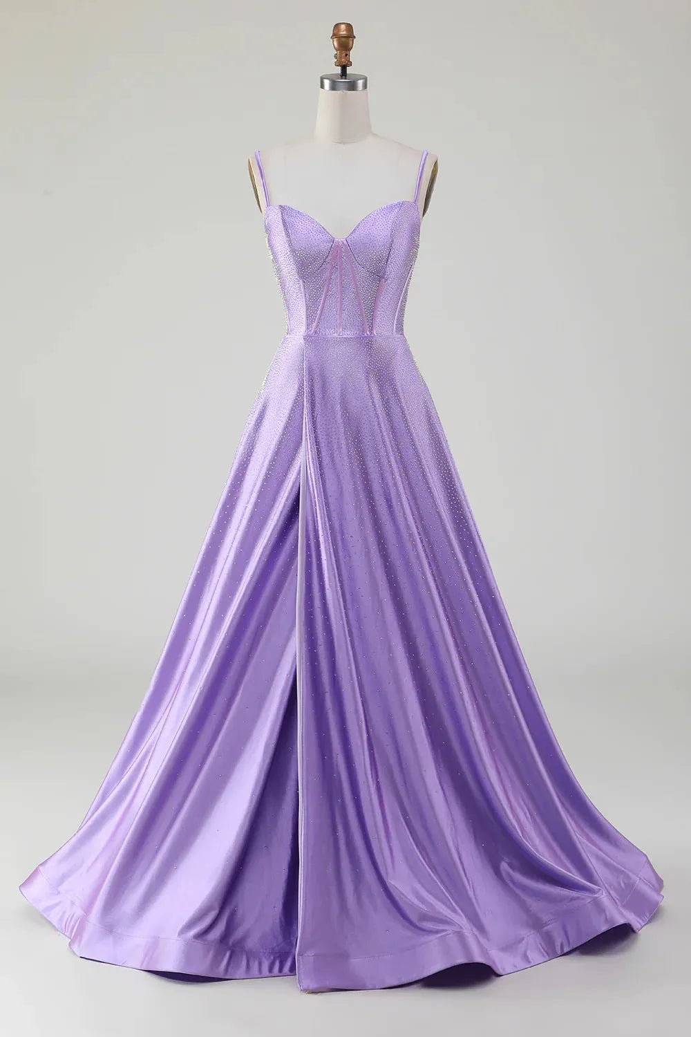 Wholesale Lilac Glitter A-Line Spaghetti Straps Long Beaded Prom Dress with Slit prom dresses shops