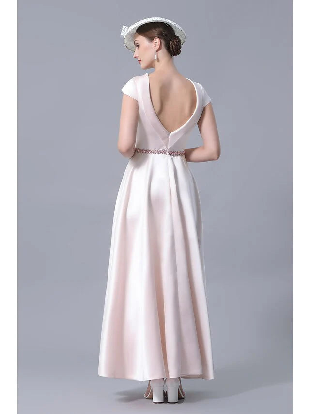 Wholesale A-Line Mother of the Bride Dress Plus Size Cowl Neck Ankle Length Satin Short Sleeve with Crystals