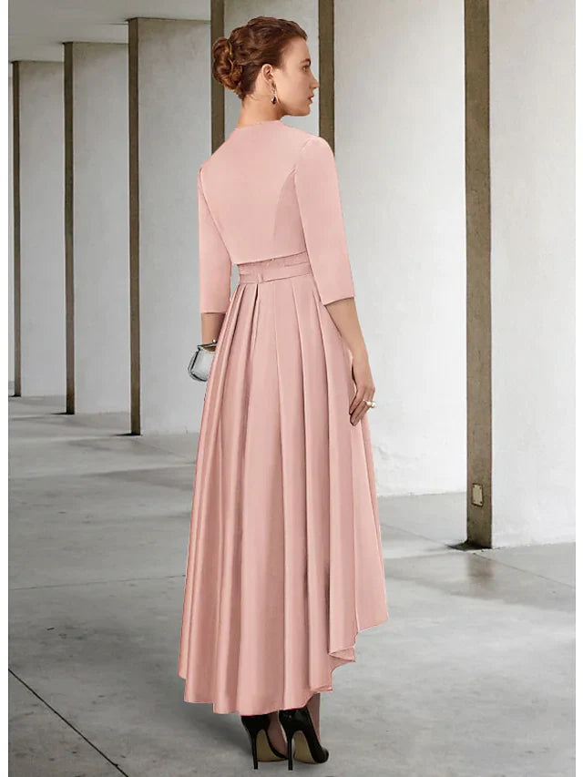 Wholesale Mother of the Bride Dress Elegant Vintage Jewel Neck Asymmetrical Lace Charmeuse 3/4 Length Sleeve with Sash Ribbon Pleats