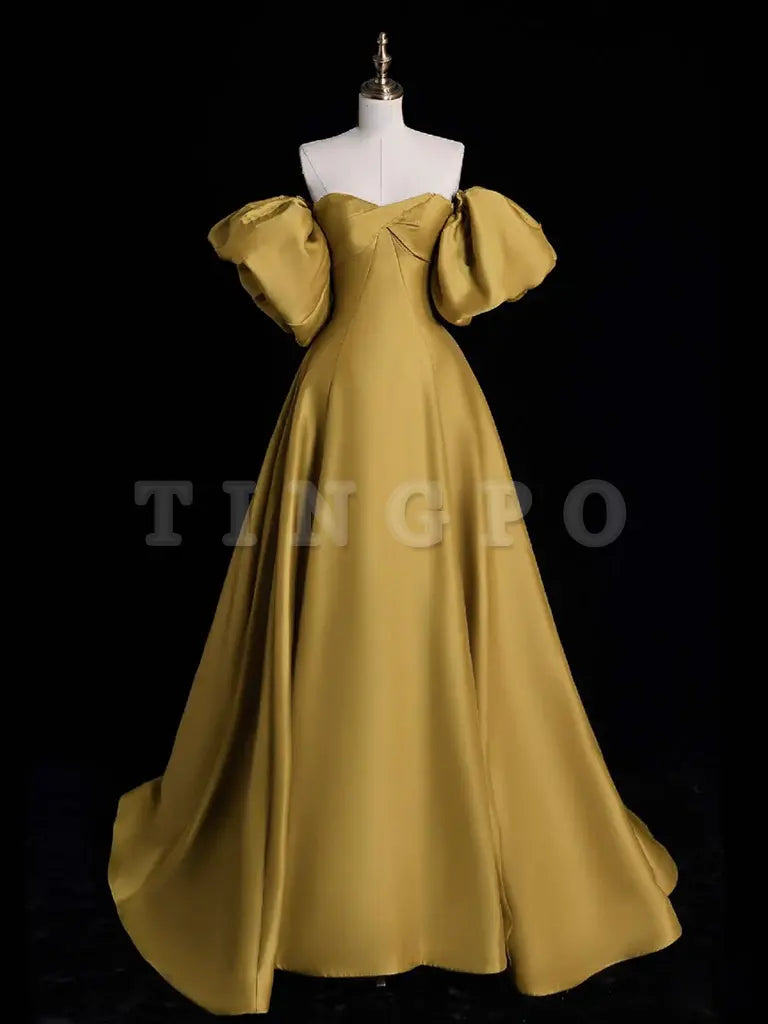 Wholesale Yellow A-line Satin Long Prom Dress Yellow Long Evening Dress gowns evening dresses