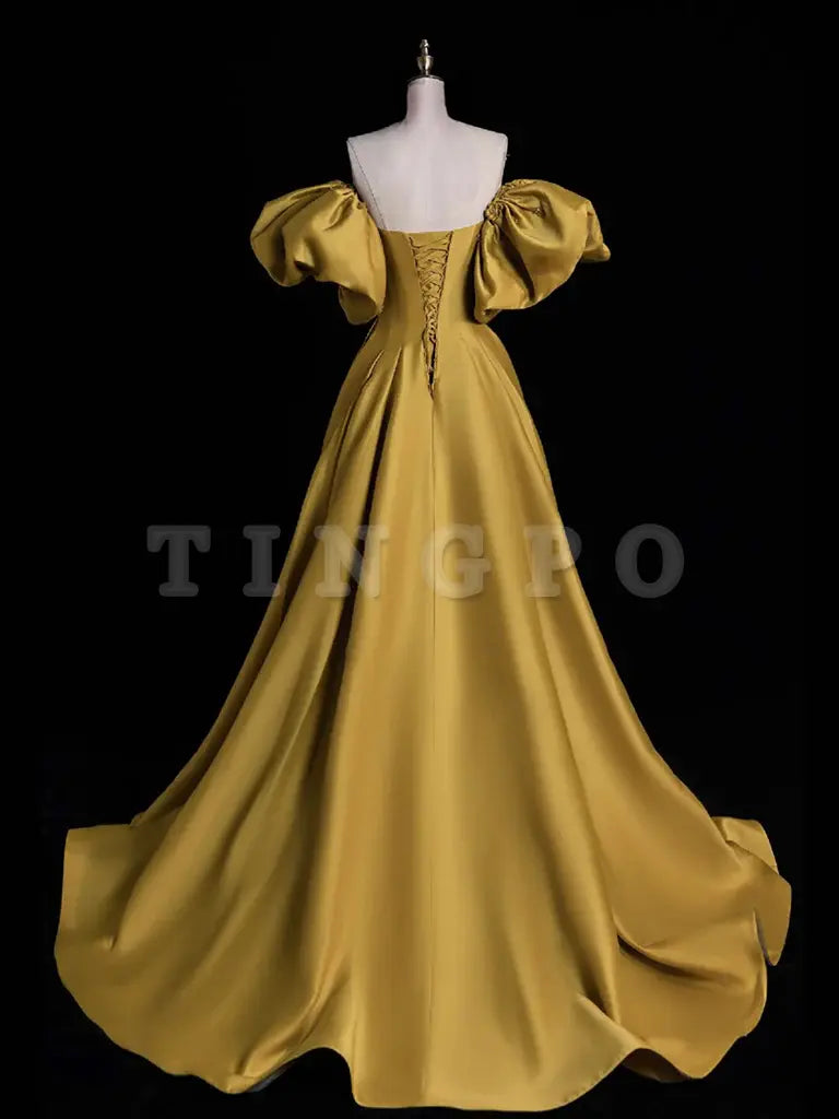 Wholesale Yellow A-line Satin Long Prom Dress Yellow Long Evening Dress gowns evening dresses