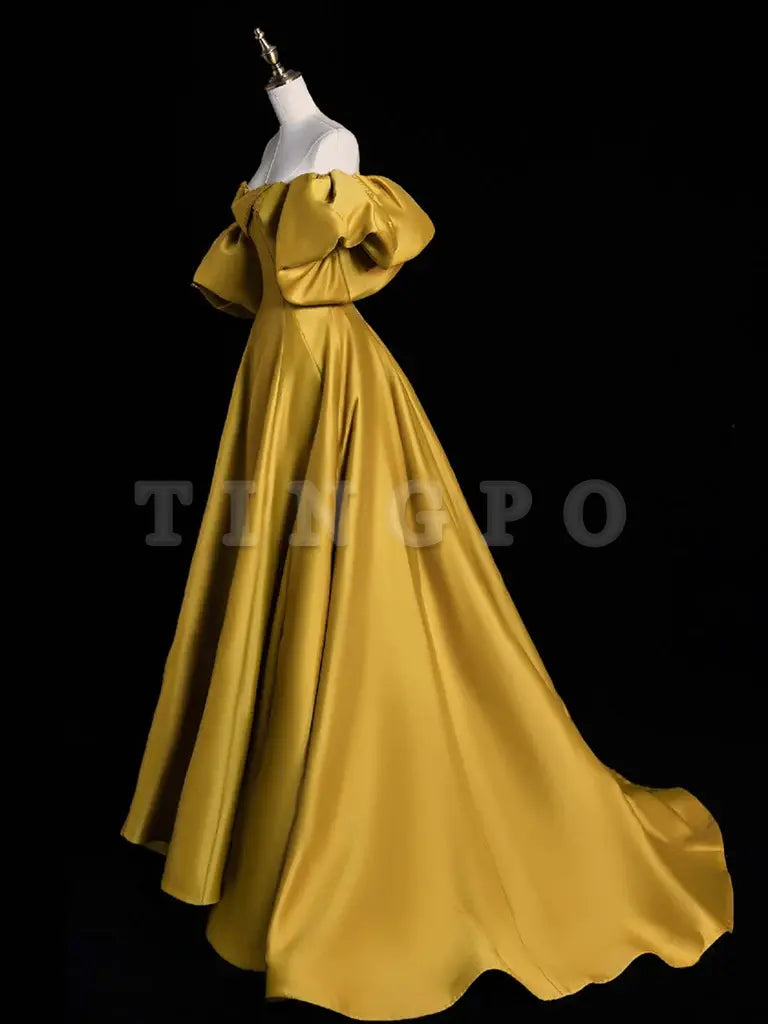 Wholesale Yellow A-line Satin Long Prom Dress Yellow Long Evening Dress gowns evening dresses