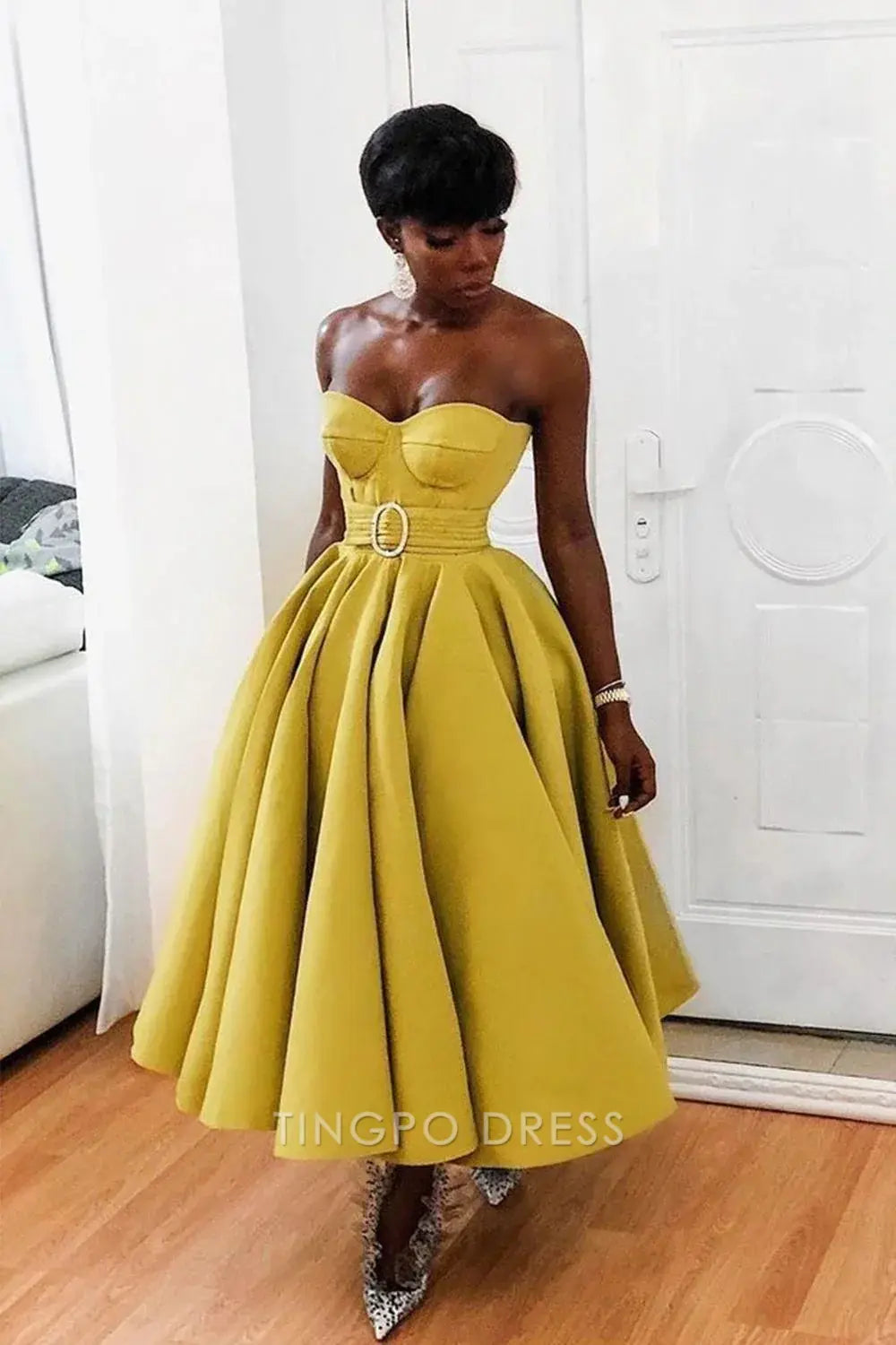 TingPo Wholesale Elegant Yellow A-line Strapless Homecoming Dress With Belt formal wear dresses