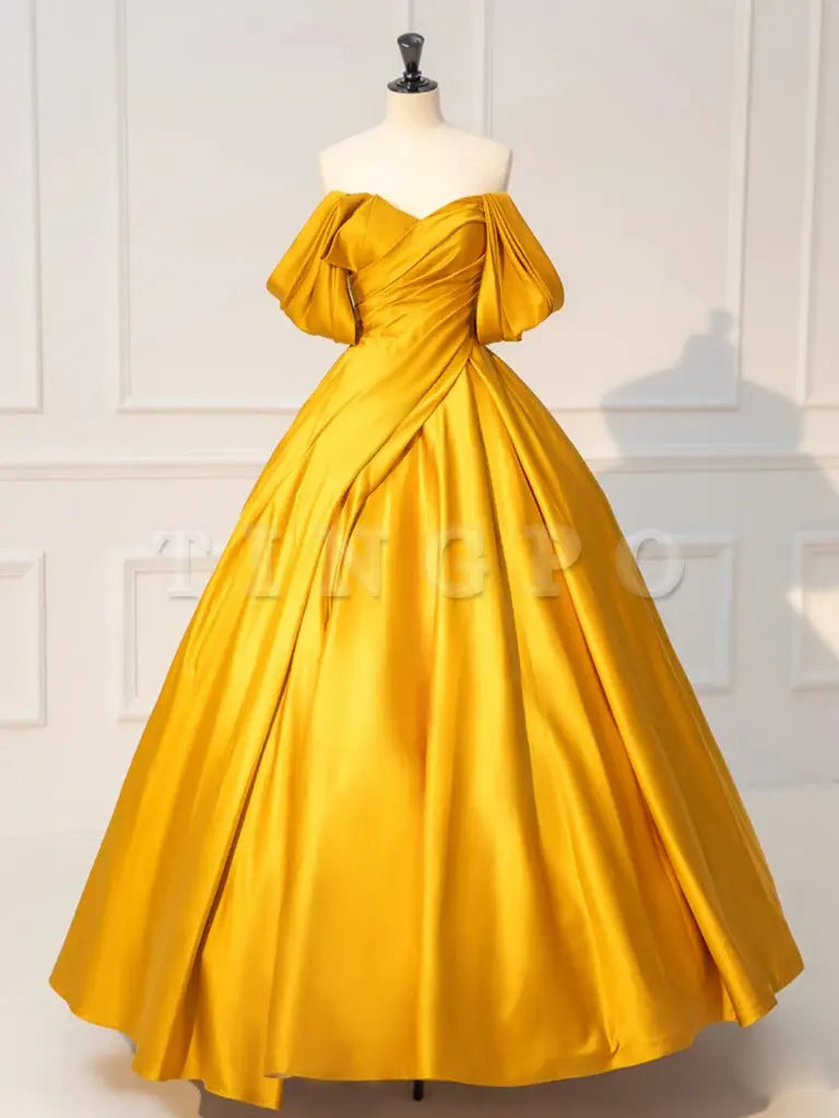Wholesale Yellow Off Shoulder Satin Long Prom Dress Yellow Long Evening Dress gowns evening dresses