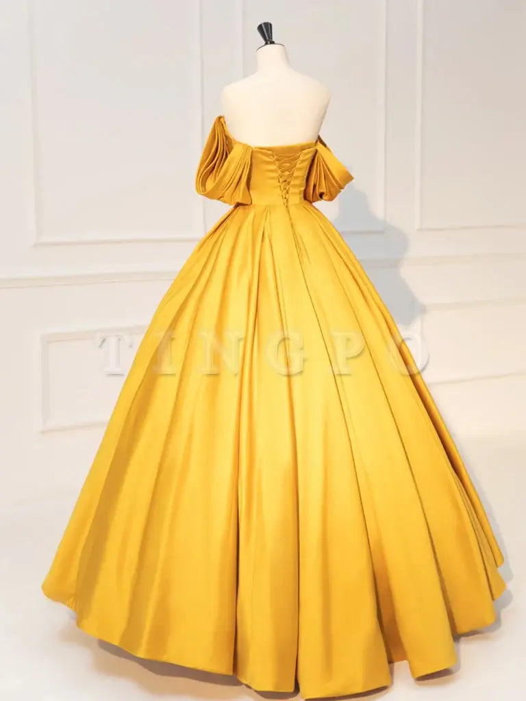 Wholesale Yellow Off Shoulder Satin Long Prom Dress Yellow Long Evening Dress gowns evening dresses