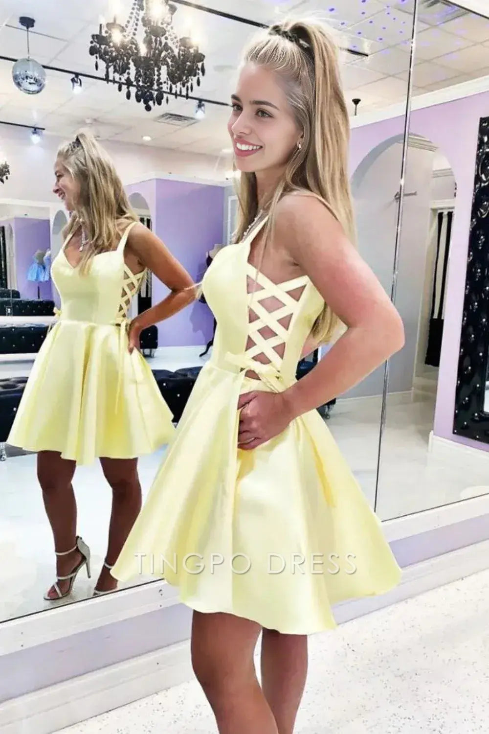 TingPo Wholesale Elegant Yellow Short Mini Satin Homecoming Dress formal wear dresses