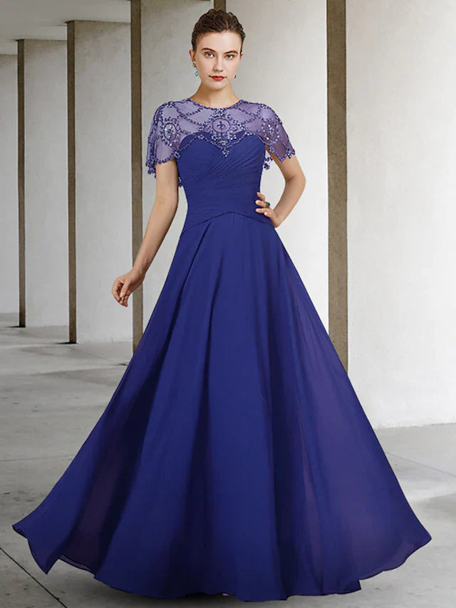 Wholesale A-Line Mother of the Bride Dress Elegant Jewel Neck Floor Length Chiffon Short Sleeve with Pleats Beading