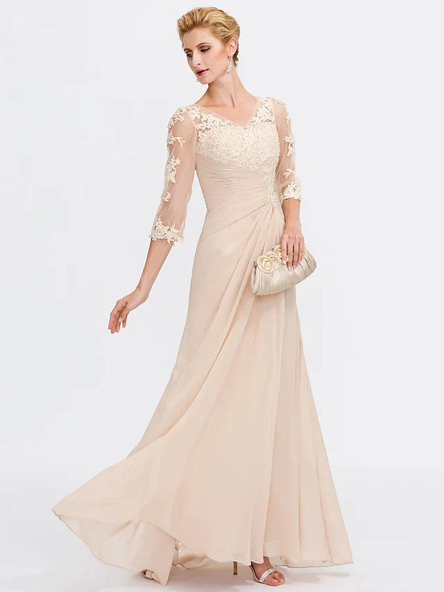 Wholesale Mother of the Bride Dress Elegant See Through V Neck Floor Length Chiffon Sheer Lace Half Sleeve with Appliques Side Draping