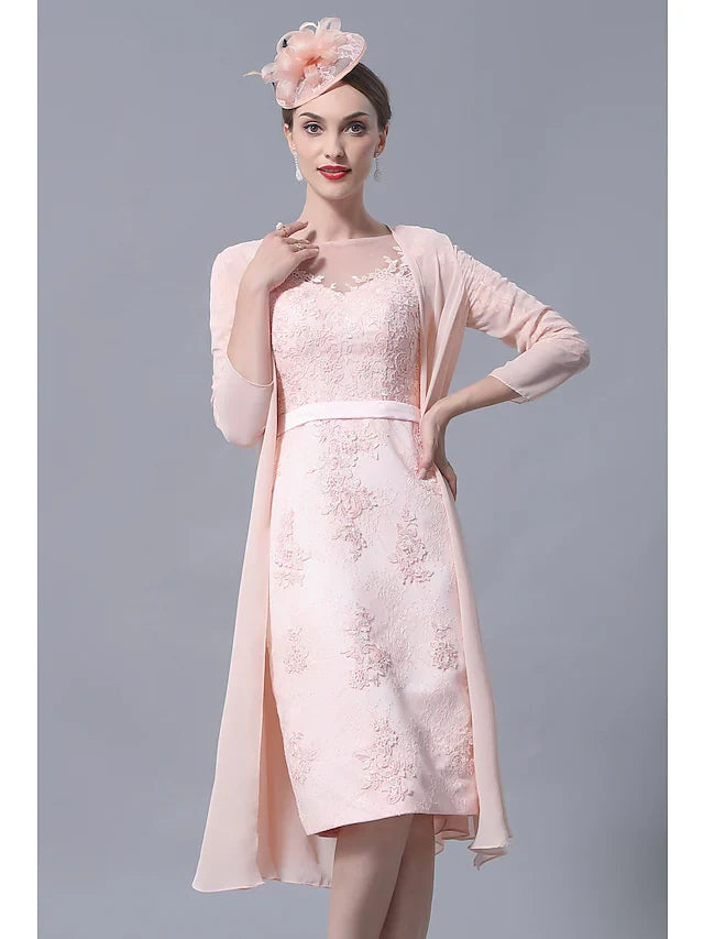 Wholesale Mother of the Bride Dress Plus Size Elegant Vintage Bateau Neck Knee Length Chiffon Lace 3/4 Length Sleeve with Appliques