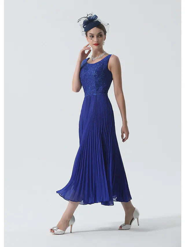 Wholesale Two Piece Mother of the Bride Dress Elegant & Luxurious Wrap Included Scoop Neck Tea Length Chiffon 3/4 Length Sleeve with Lace Ruching