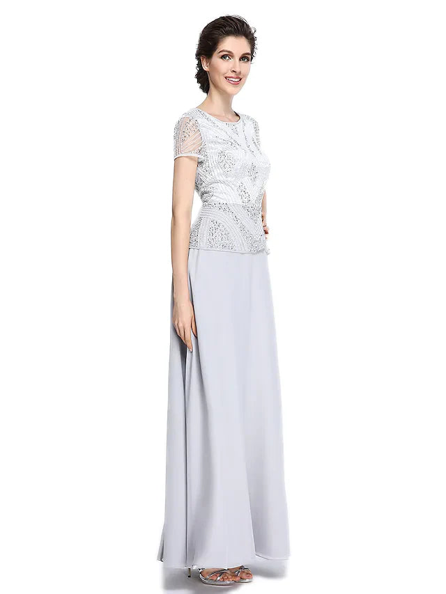 Wholesale Mother of the Bride Dress Jewel Neck Floor Length Chiffon Short Sleeve with Beading Sequin