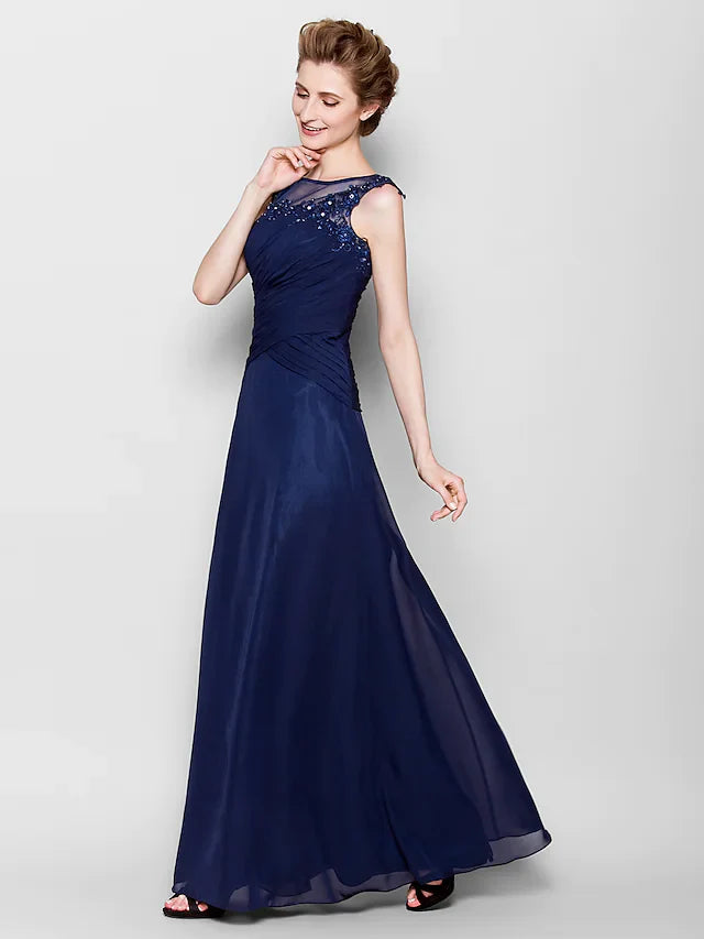 Wholesale Mother of the Bride Dress See Through Scoop Neck Floor Length Chiffon Sleeveless with Criss Cross Appliques