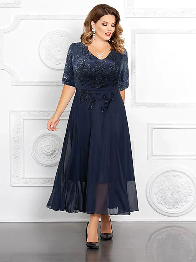 Wholesale A-Line Mother of the Bride Dress Plus Size Elegant V Neck Ankle Length Chiffon Sequined Half Sleeve with Appliques